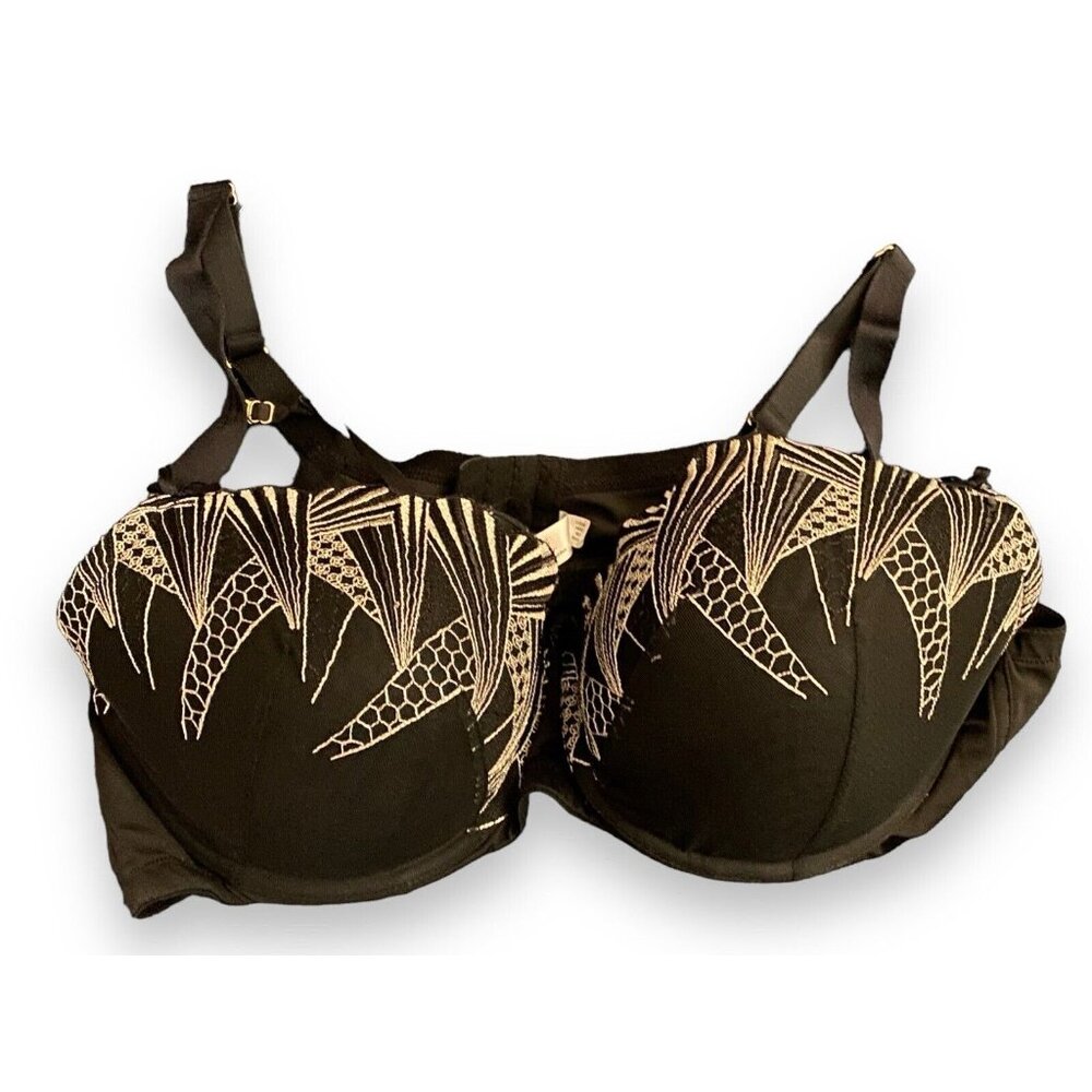 Cacique 46C Boost Balconette Black Silver Metallic Embroidery Art Deco Bra